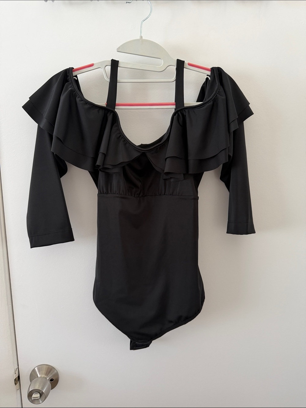 Black Off-Shoulder Ruffle Long-Sleeve Bodysuit
